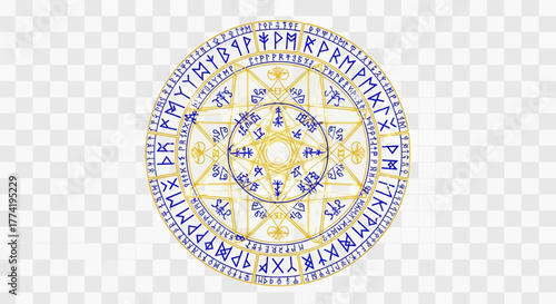 Círculo rúnico dorado y azul con símbolos antiguos y escritura mística sobre fondo transparente.