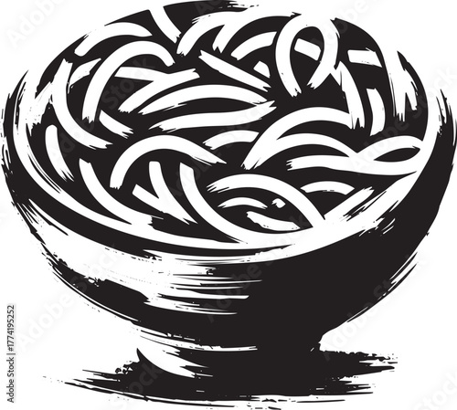 Minimalist Sumi-e Illustration of Chow Mein in a Bowl in Black a
