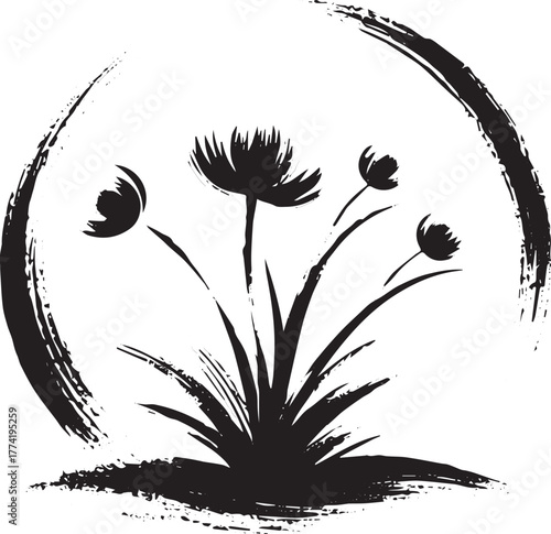 Minimalist brushstroke illustration of stylized flora in a zen c
