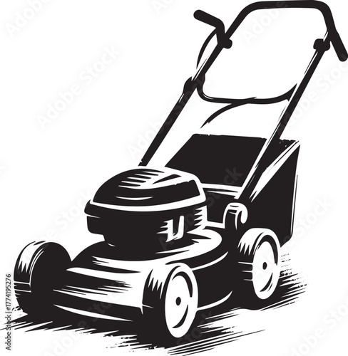 Monochrome lawnmower vector illustration for landscaping and gar