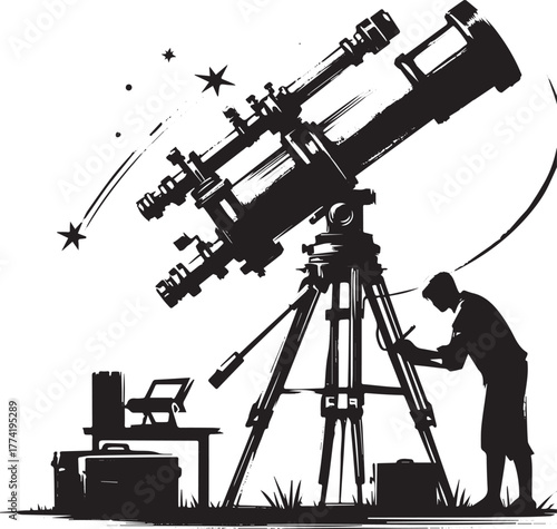 Monochrome illustration of a man observing the stars with a tele