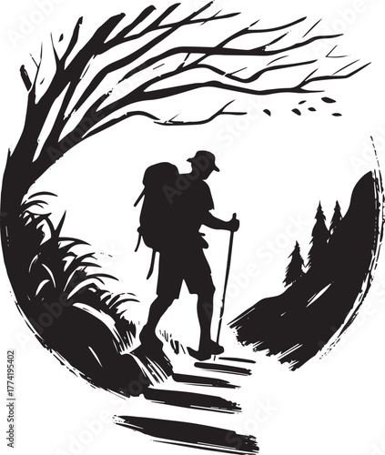 Silhouette of a lone hiker ascending a forest trail with nature