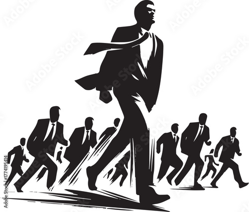 Dominant business leader strides forward, with others in pursuit