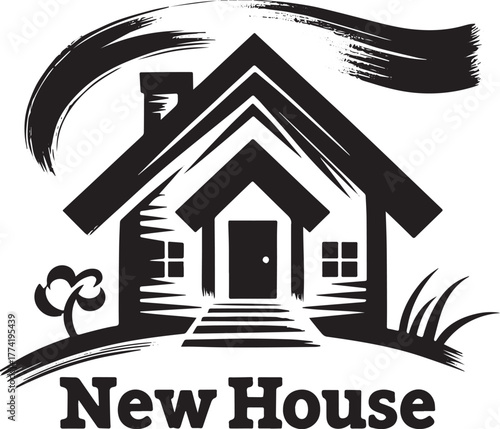 Black and White Sumi-e Style New House Icon with Brush Stroke De