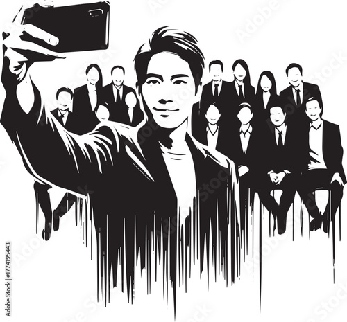 Monochrome Sumi-e Illustration of a Man Taking a Group Photo wit
