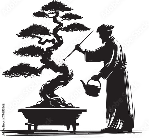 Sumi-e illustration of a man tending to a bonsai tree with mindf