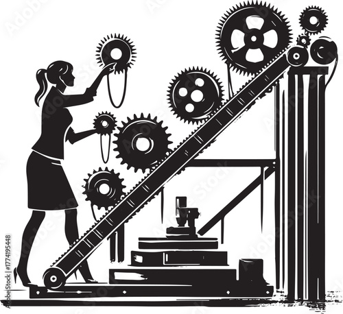 Silhouette of woman assembling industrial machinery with cogwhee