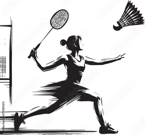 Dynamic Badminton Athlete in Sumi-e Style Illustration with Shut