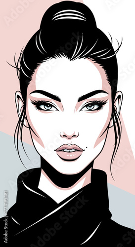 Ilustración vectorial de una mujer elegante con moño alto y maquillaje sofisticado, mirando directamente al espectador.