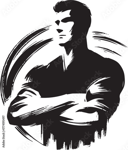Monochrome brushstroke art of a muscular man standing with cross