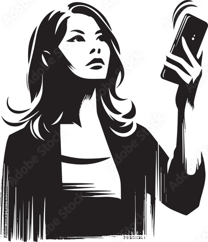 Stylized monochrome illustration of a woman with phone displayin
