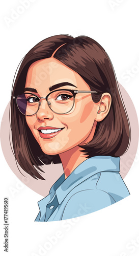 Ilustración vectorial de una joven mujer sonriente con cabello castaño corto y gafas modernas.