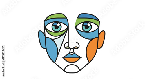 Ilustración abstracta de un rostro humano con formas geométricas y colores vibrantes, estilo cubista y minimalista.
