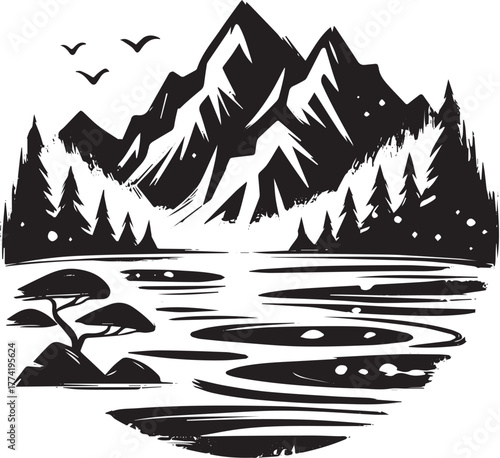 Monochromatic scenic landscape illustration with mountainous bac