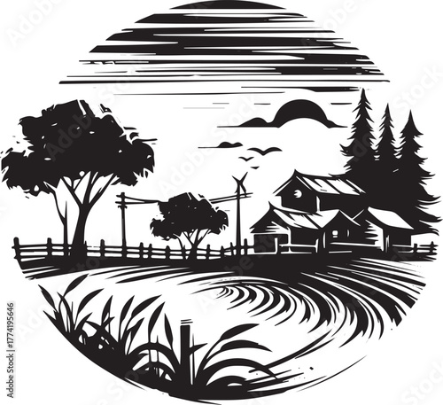 Monochrome rural landscape with dwelling illustration in sumi-e