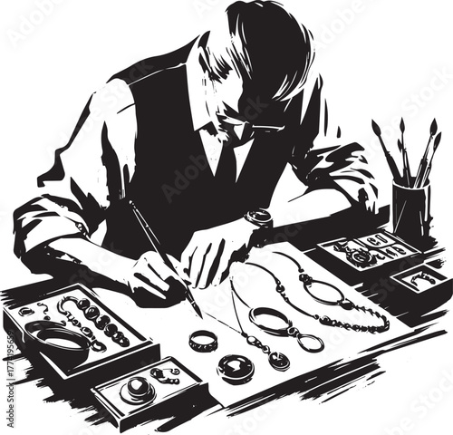 Illustrative Design depicting a jeweler drawing jewelry designs