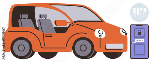 Compact orange vehicle with visible seats, wheels, and a digital key access. Keyless entry icon represents technology, innovation, security, mobility, transportation, convenience simple flat