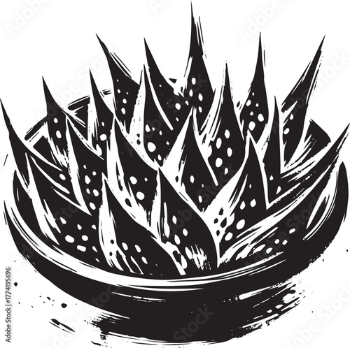 Monochrome interpretation: a stylized bowl of nopales in sumi-e