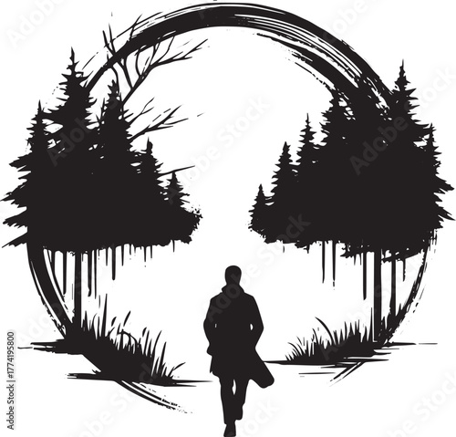 Monochrome illustration of a man walking in a misty forest with