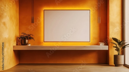 Warm-toned workspace with a floating desk, LED accents