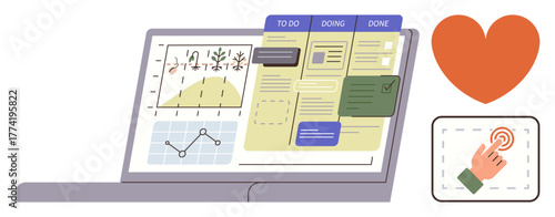 Laptop displaying Kanban to-do list, task management boards, and performance charts. Hand clicking touchscreen and heart icon symbolize user experience and productivity. Ideal for business, teamwork