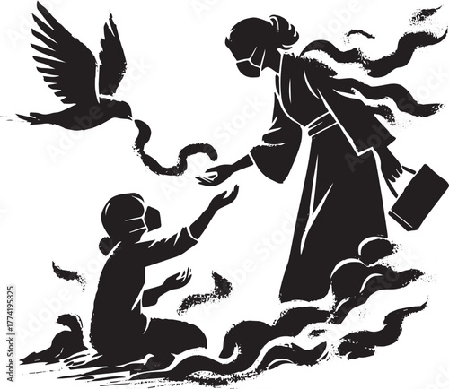 Sumi-e illustration depicting aid during a crisis with mask, jap