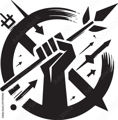 Stylized conceptual art with hand holding a spear in minimalist