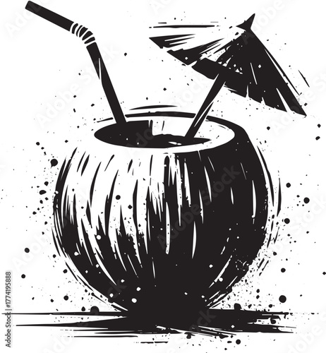 Minimalist brushstroke illustration of a coconut mojito with str
