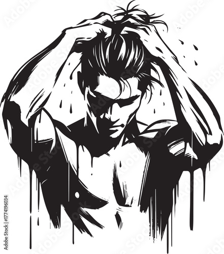 Expressive monochrome illustration of a man tending to his wet h