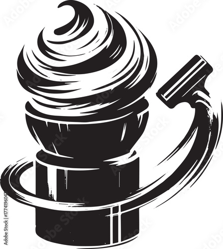 Monochrome illustration depicting classic shaving kit with brush