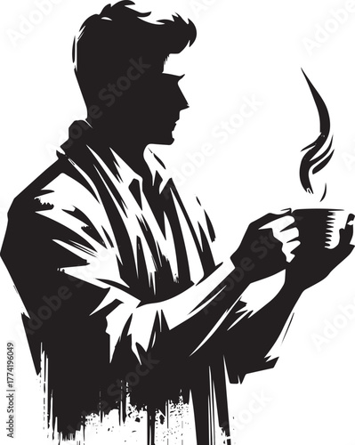Stylized illustration of a man holding a steaming cup with brush