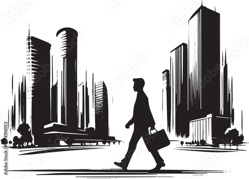 Solitary silhouette striding through urban sprawl, monochrome ci