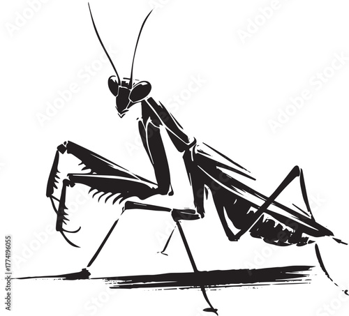 Ink Wash Painting of Praying Mantis Illustration, Asian Calligra