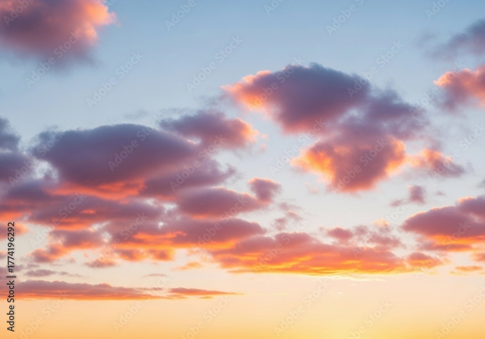 Fototapeta premium A peaceful evening sky with scattered cumulus clouds glowing in warm orange, pink, and light blue hues. The sun sets below the horizon, casting soft light rays upward. Captured in full HD from a groun