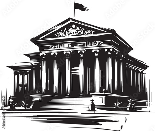 Sumi-e style iconic depiction of a historic museum with clean li