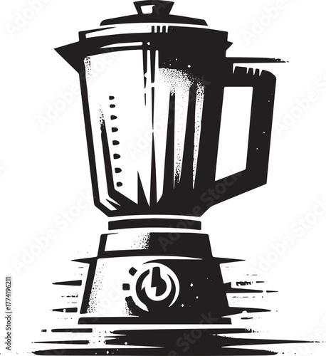 Stylized black and white illustration of a kitchen blender appli