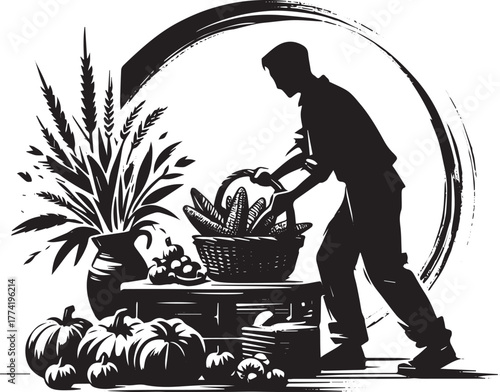 Sumi-e style illustration of a Thanksgiving harvest display setu