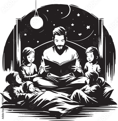 Illustrative bedtime scene of father reading stories to his chil