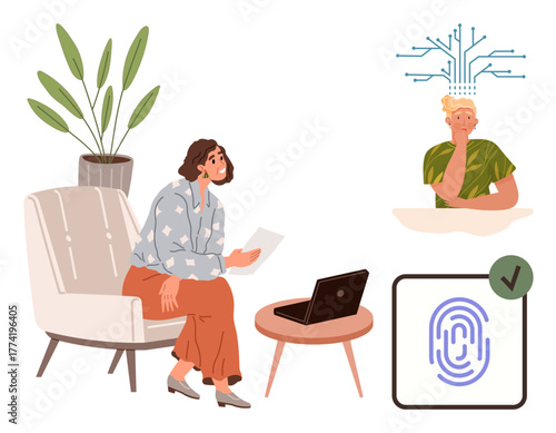Woman sitting on chair with laptop, analyzing AI and fingerprint biometrics concepts. Ideal for technology, innovation, data security, AI-human interaction, remote work, digital identity, modern