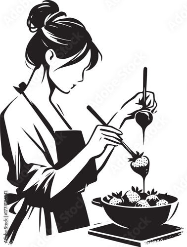 Elegant monochrome illustration of a woman dipping strawberries