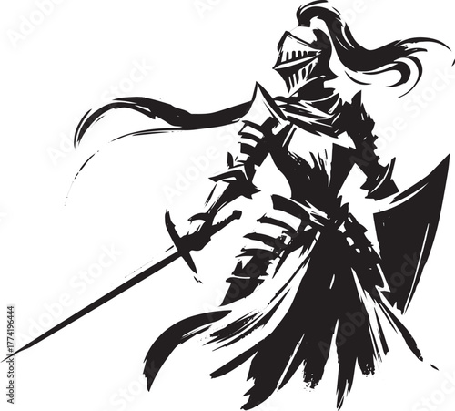 Elegant female warrior illustrated in monochromatic sumi-e style