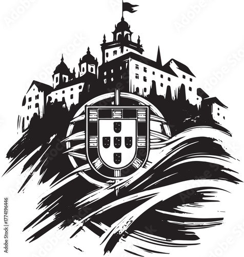 Stylized Portuguese Icon with Fortress Depiction in Sumi-e Brush