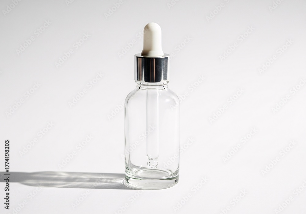 Naklejka premium Empty clear glass dropper bottle with a white cap for cosmetic serum on a white background with shadow