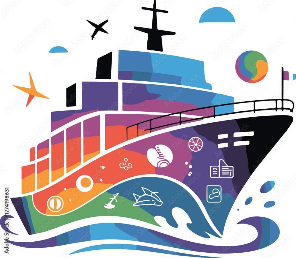 Naklejka premium Colorful Cruise Ship with Travel Icons and Abstract Elements