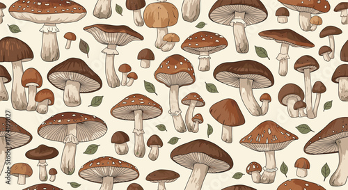 A delightful seamless pattern featuring a variety of hand-drawn brown and orange mushrooms, some dotted, with scattered green leaves on a light background.