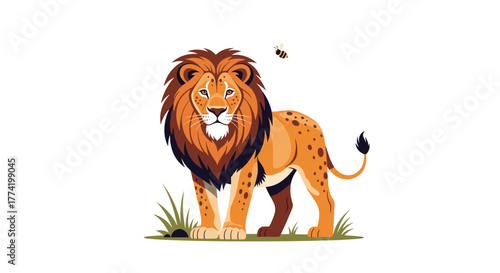 A majestic lion with a flowing mane stands on green grass, looking forward, as a small bee buzzes above its back in a cartoon style.