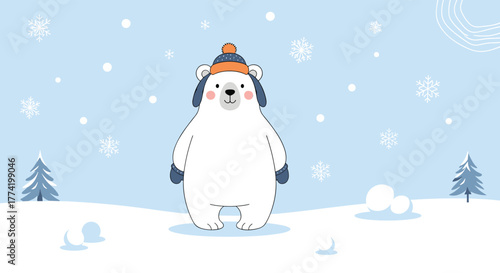 A cute cartoon polar bear wearing a cozy winter hat and mittens stands happily in a serene snowy landscape with falling snowflakes and pine trees.