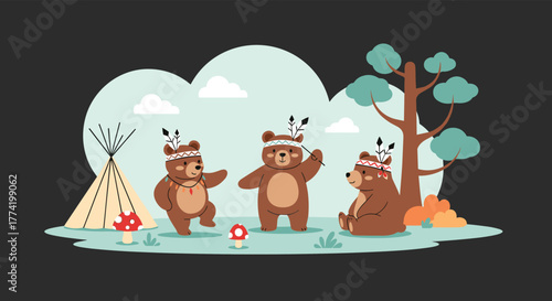 Three cute cartoon bears with feather headbands gather in a playful outdoor scene with a teepee, mushrooms, and a tree.