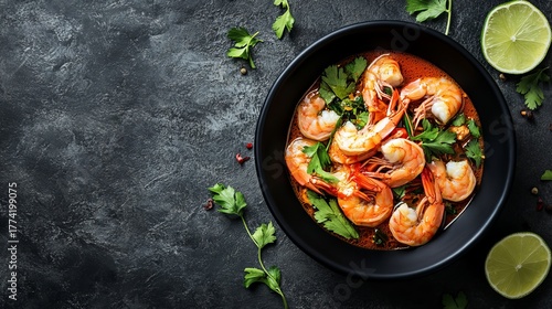 Wallpaper Mural Tom yum kung spicy thai shrimp soup in black bowl on dark stone background Torontodigital.ca