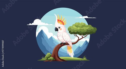 A delightful cartoon white cockatoo with a yellow-orange crest perches on a tree branch, framed by blue mountains and a serene sky.